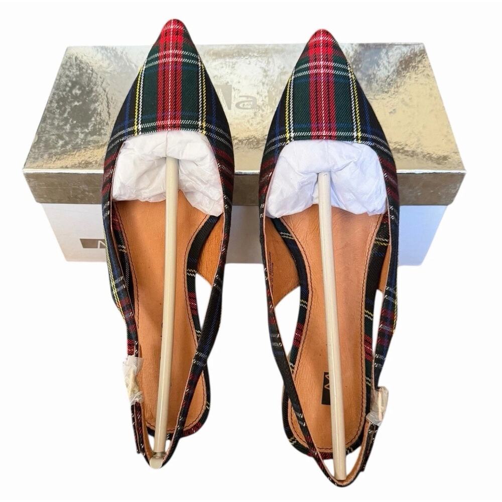 Matiko Lori Green Tartan Plaid Slingback Pointed Toe Flats Women’s Size 37 NIB - Picture 8 of 15